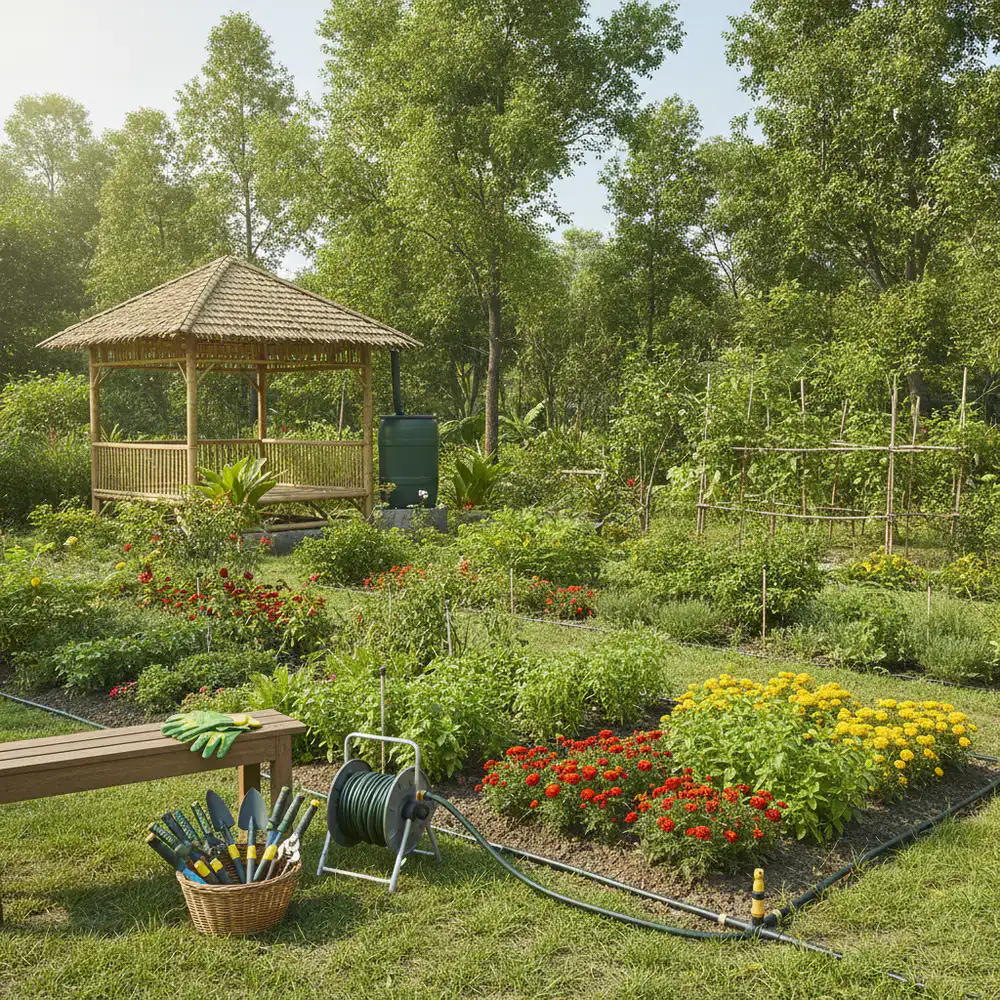 A vibrant, thriving garden space in Bangladesh showcasing Biflexor products