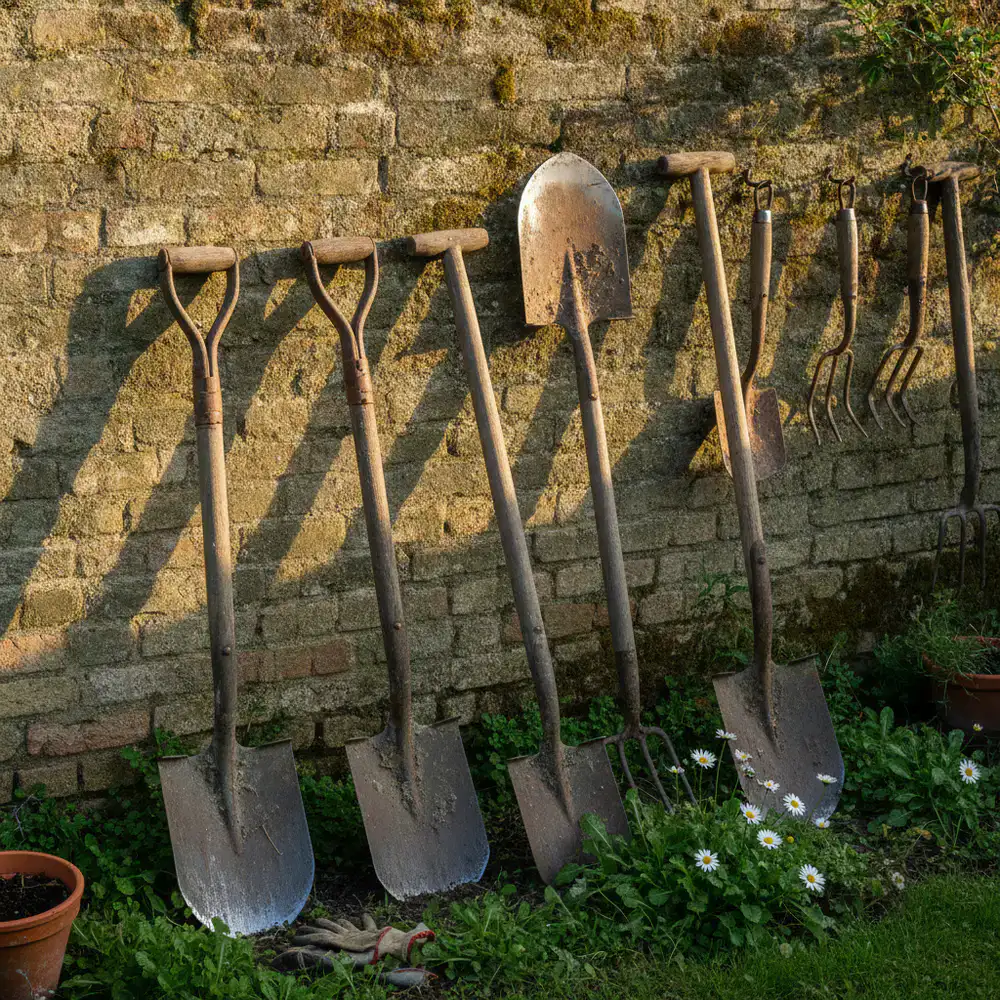 Heavy duty shovels and spades resting against a sunlit garden wall