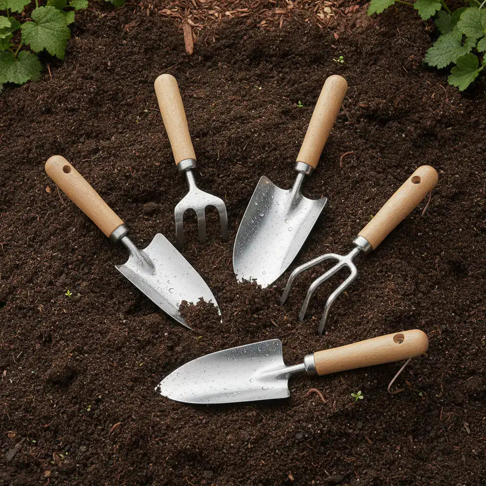 Stainless steel hand tools resting on fresh soil