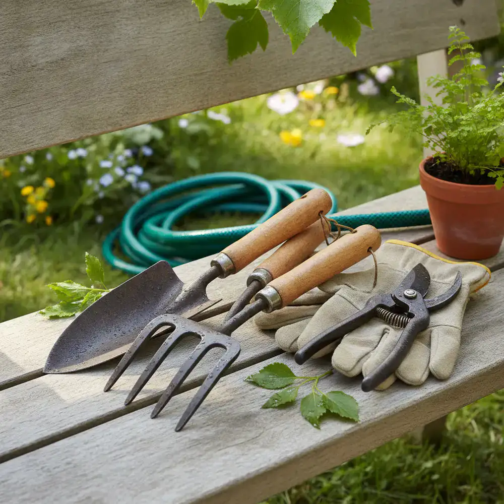 Durable gardening tools on a wooden bench
