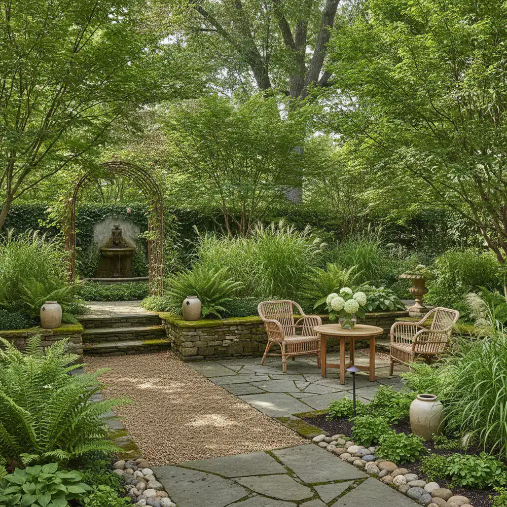 A serene and lush garden space featuring vibrant green plants and outdoor landscaping accessories